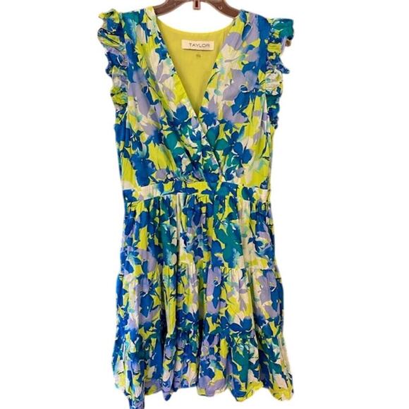 Taylor Blue Floral Printed A-Line V-Neck Dress Size Large - Picture 1 of 9